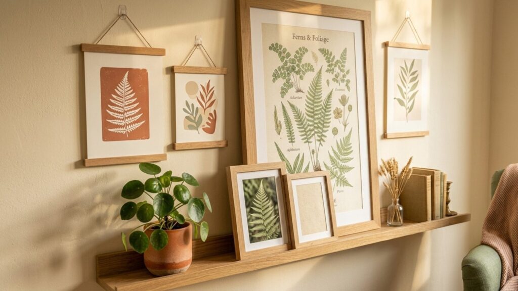 Renter-friendly budget wall art ideas — framed prints on a poster hanger and picture ledge with no nails