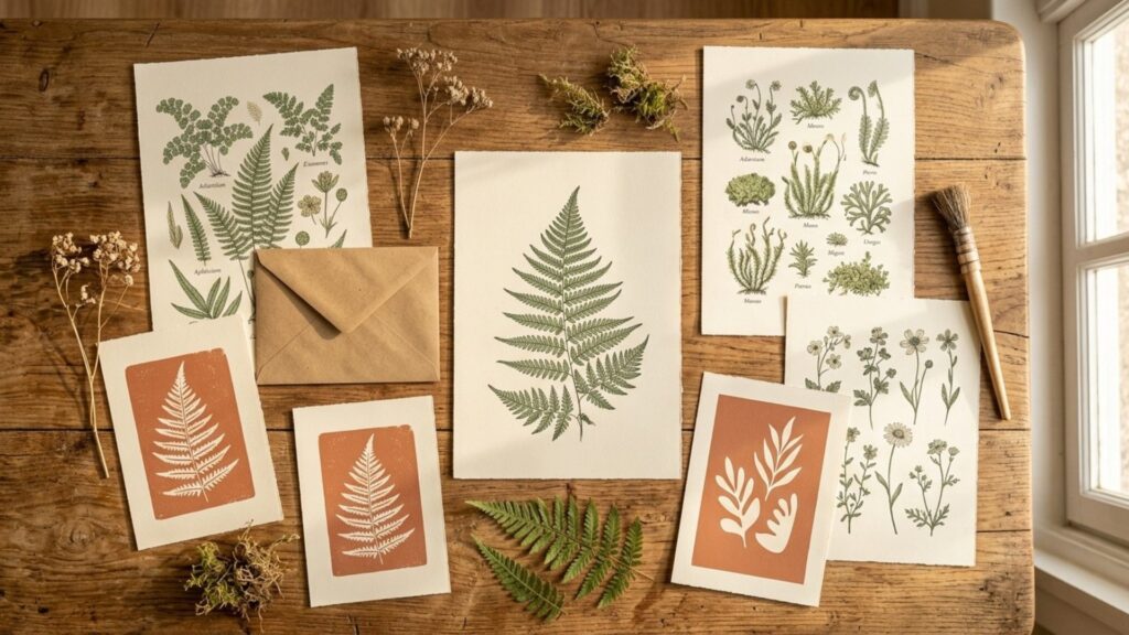 Budget wall art ideas — flat lay of printable vintage botanical art prints on a wood table