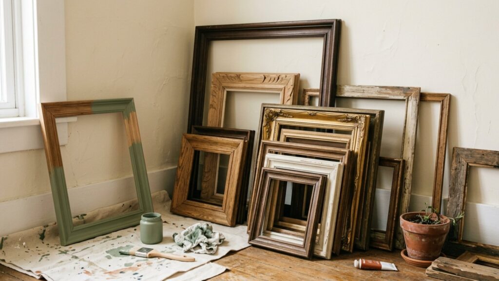 Thrifted budget wall art ideas — mismatched wooden picture frames being painted sage green