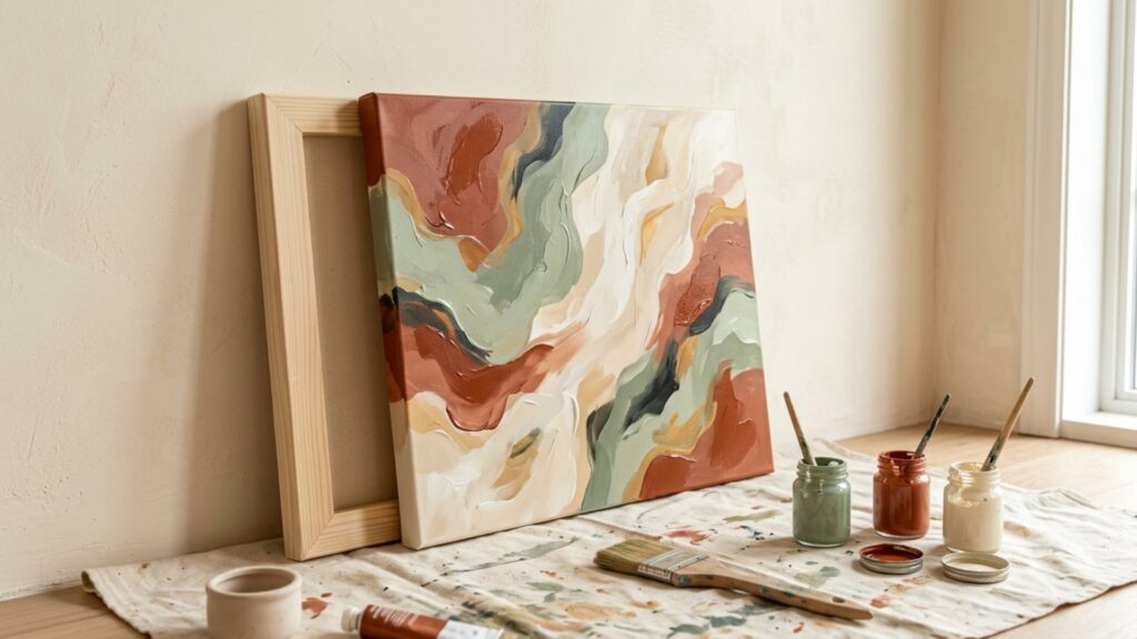 DIY budget wall art ideas — handmade abstract canvas art in sage and terracotta tones