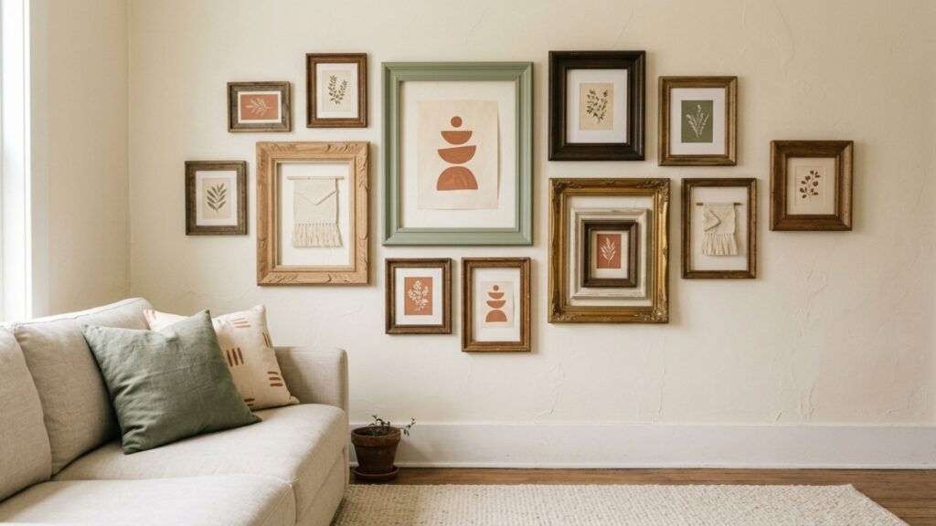 Budget wall art ideas gallery wall — mixed frame sizes in cream, sage, and terracotta above a neutral sofa