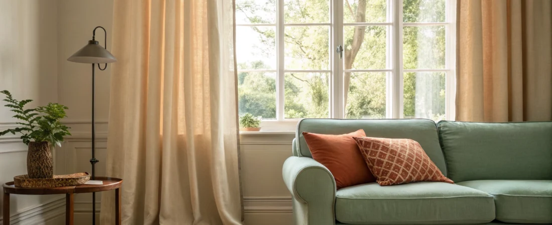 Cozy living room with budget cream linen curtains filtering warm golden light beside a sage sofa