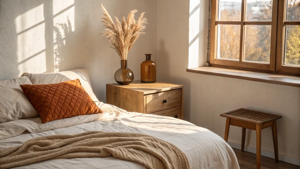 Fall bedroom corner with terracotta pillow, amber glass vase, and dried wheat stems on wooden nightstand