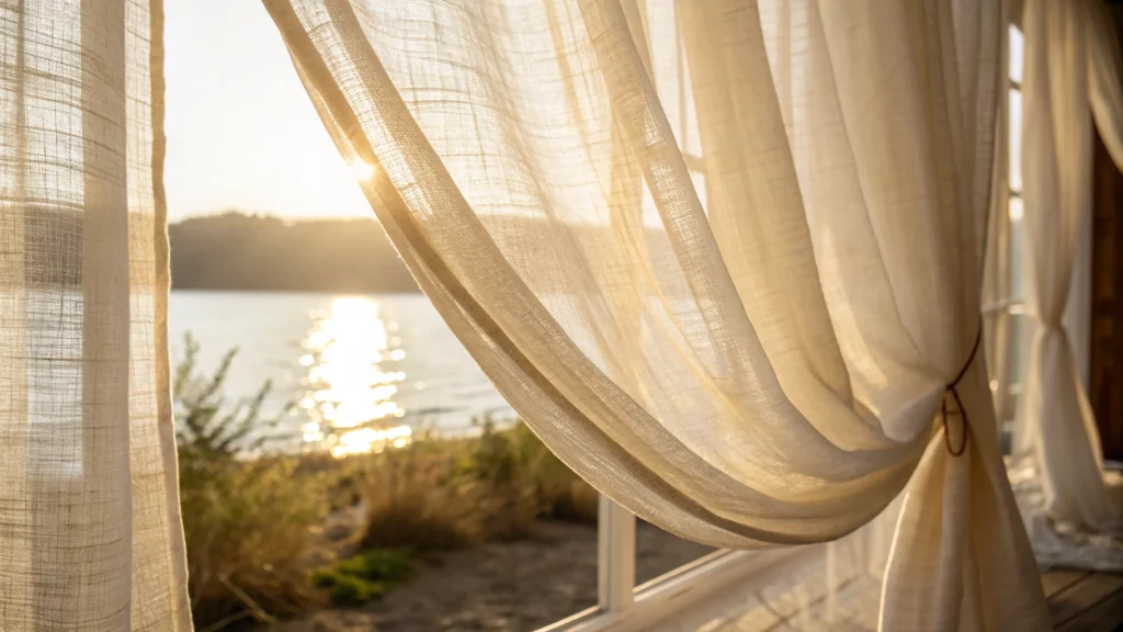Warm sunlight glowing through semi-sheer cream linen budget curtain fabric