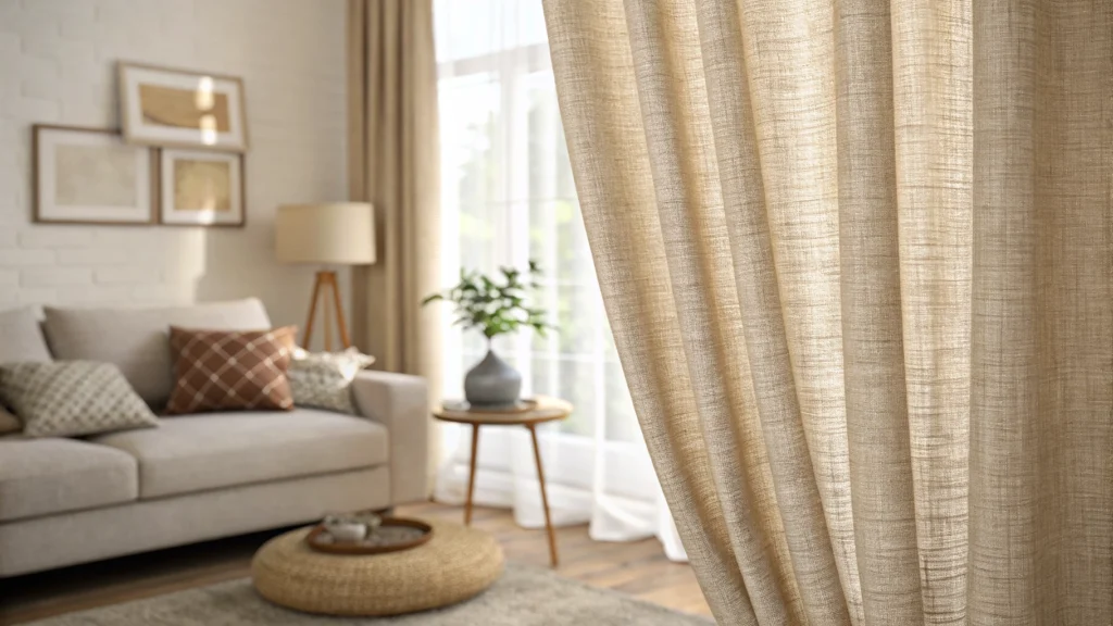 Textured oatmeal slub-weave budget curtain panel catching soft natural light