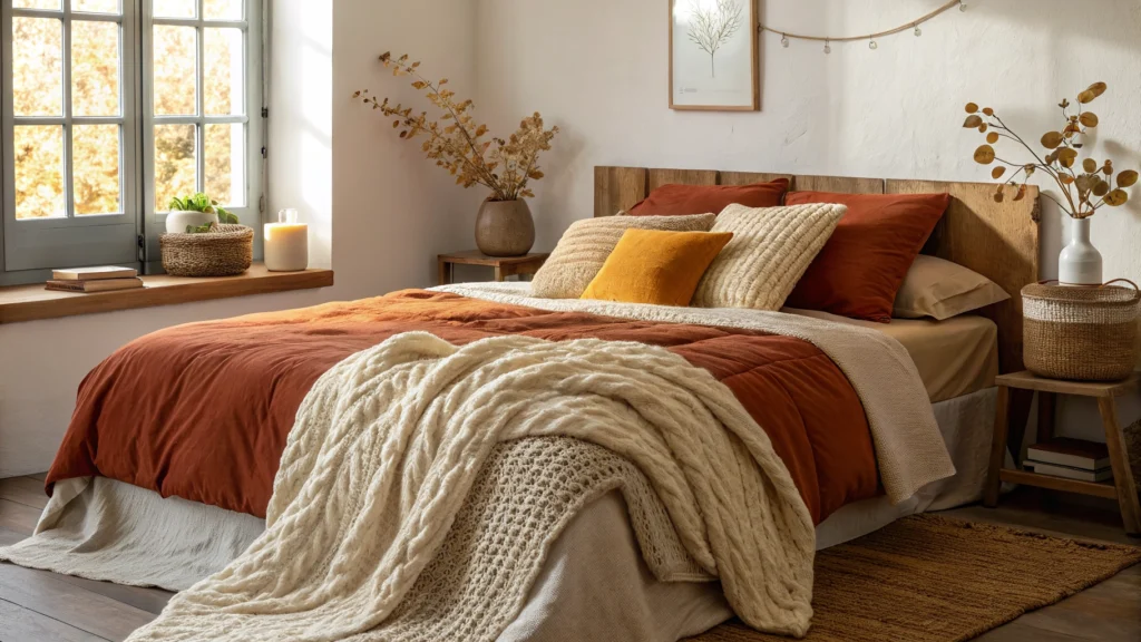 Layered fall bedding textures with chunky knit throw and boucle pillows in rust and oatmeal tones