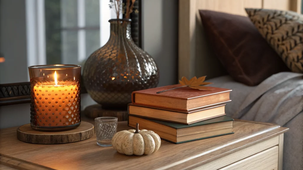 Fall nightstand styling with amber glass candle holder, book stack, and warm evening lamp light