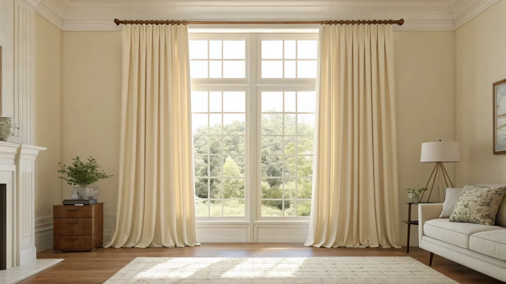 High and wide curtain hanging trick making a living room window look taller with ivory panels