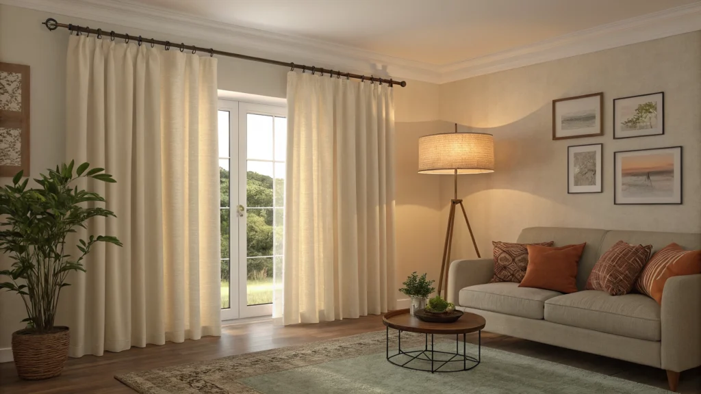 Complete cozy living room refresh with budget floor-length cream curtains at evening