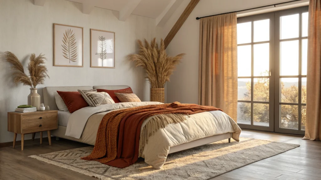 Complete cozy fall bedroom refresh in a small apartment with layered bedding, bedside rug, and dried pampas