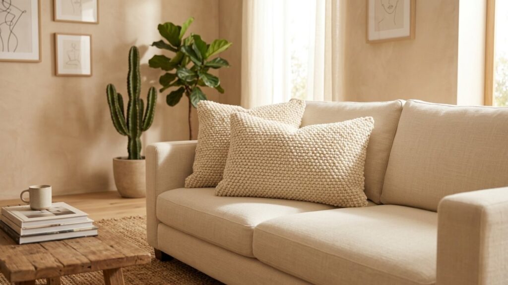 Textured bouclé throw pillow on a neutral sofa for a cozy living room