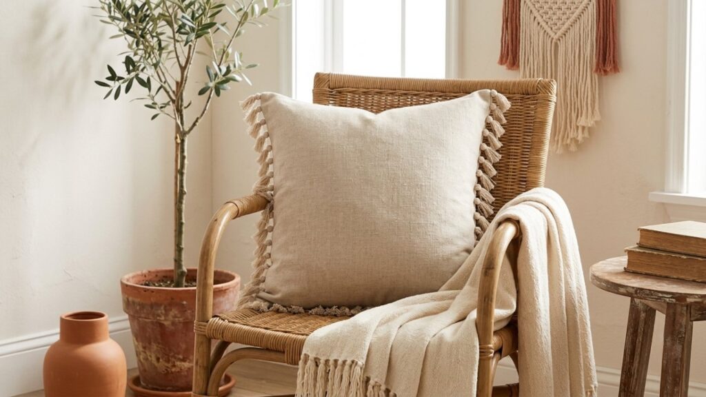 Tasseled boho throw pillow with fringe on a cozy living room sofa