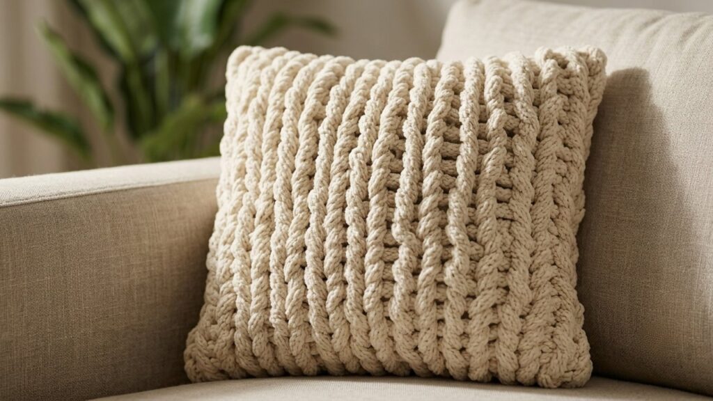 Chunky knit throw pillow cover adding texture to a cozy living room
