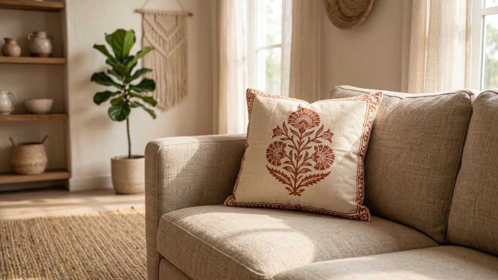 Block print throw pillow with terracotta pattern on a cozy sofa