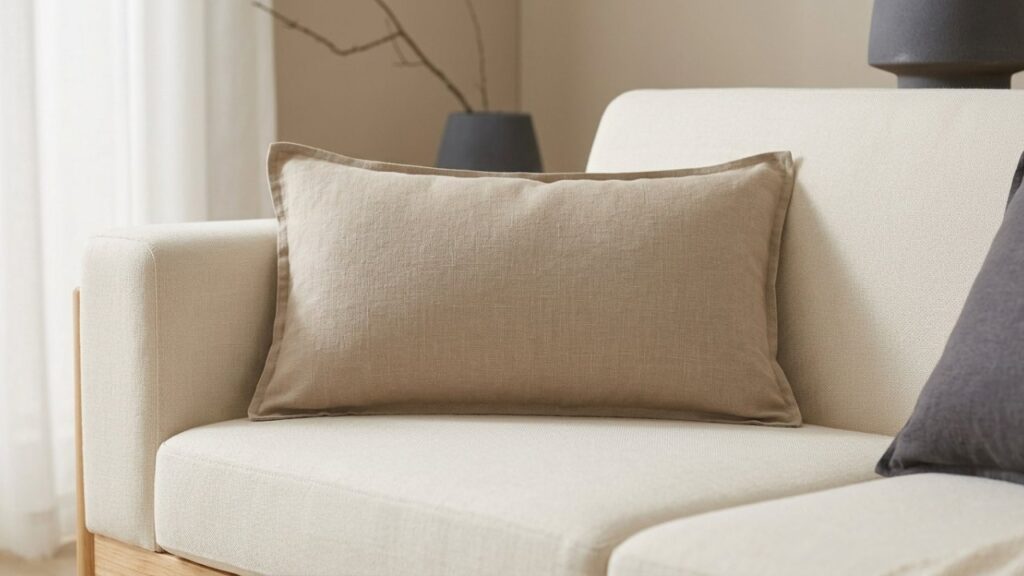 Solid linen lumbar pillow styled on a cozy living room sofa
