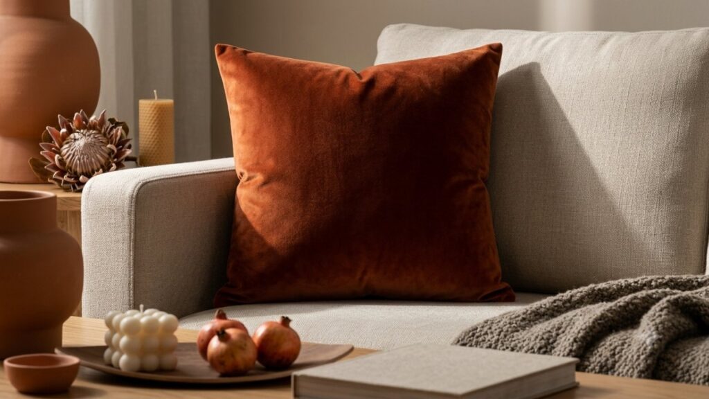 Sienna velvet throw pillow adding warmth to a cozy living room
