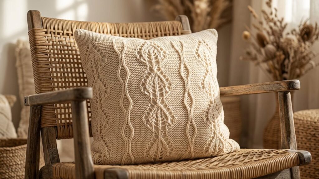 Macramé crochet throw pillow with handmade texture on a cozy sofa
