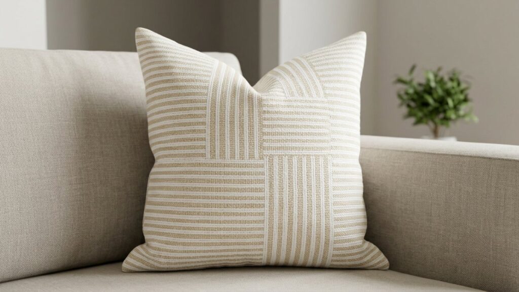 Striped geometric throw pillow styled in a minimalist living room