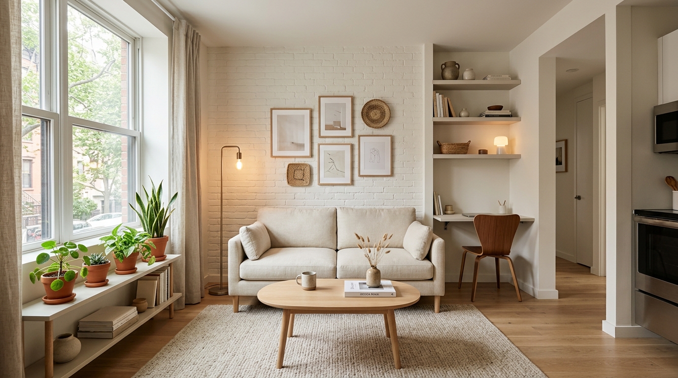 Small apartment living room with space-saving furniture, neutral decor, and cozy minimalist styling