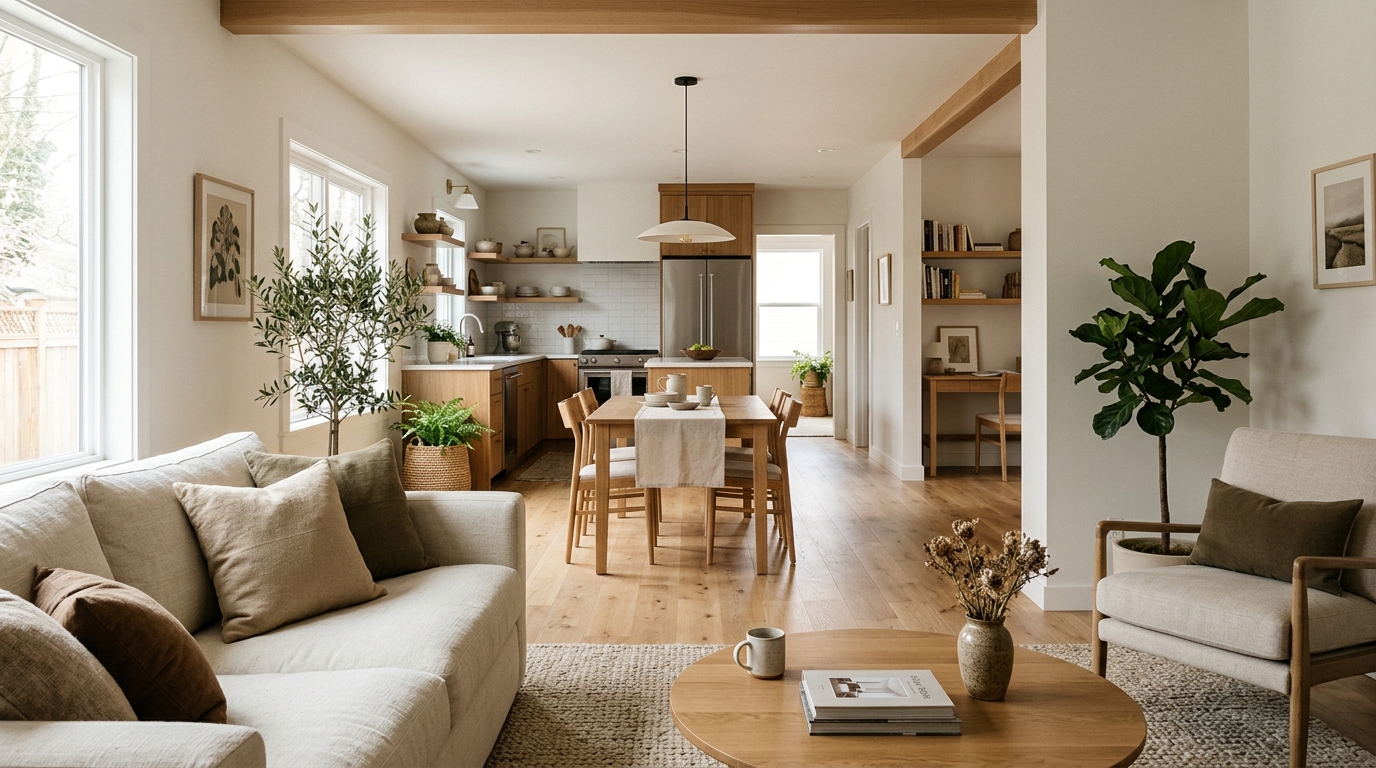 Stylish home interior showcasing coordinated living room, dining, and home decor ideas
