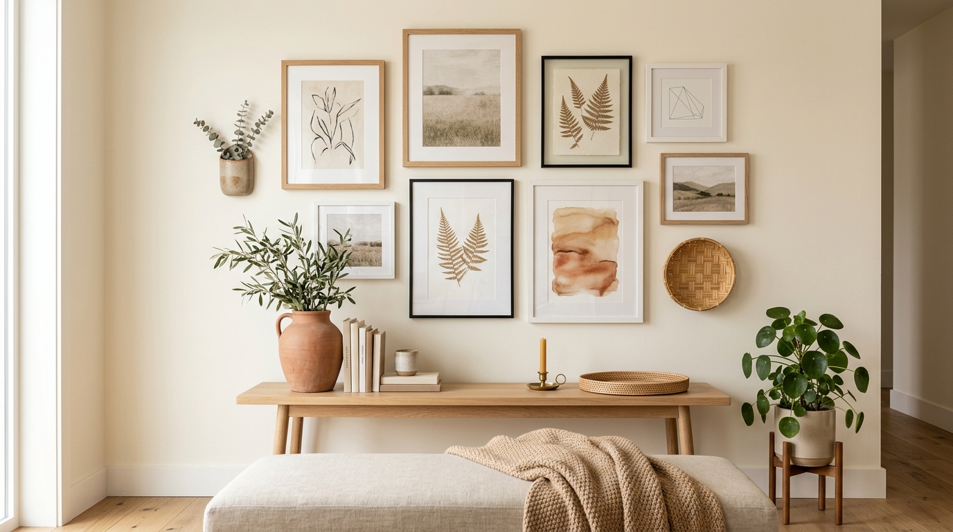 Affordable wall art and gallery wall decor in a cozy neutral living space