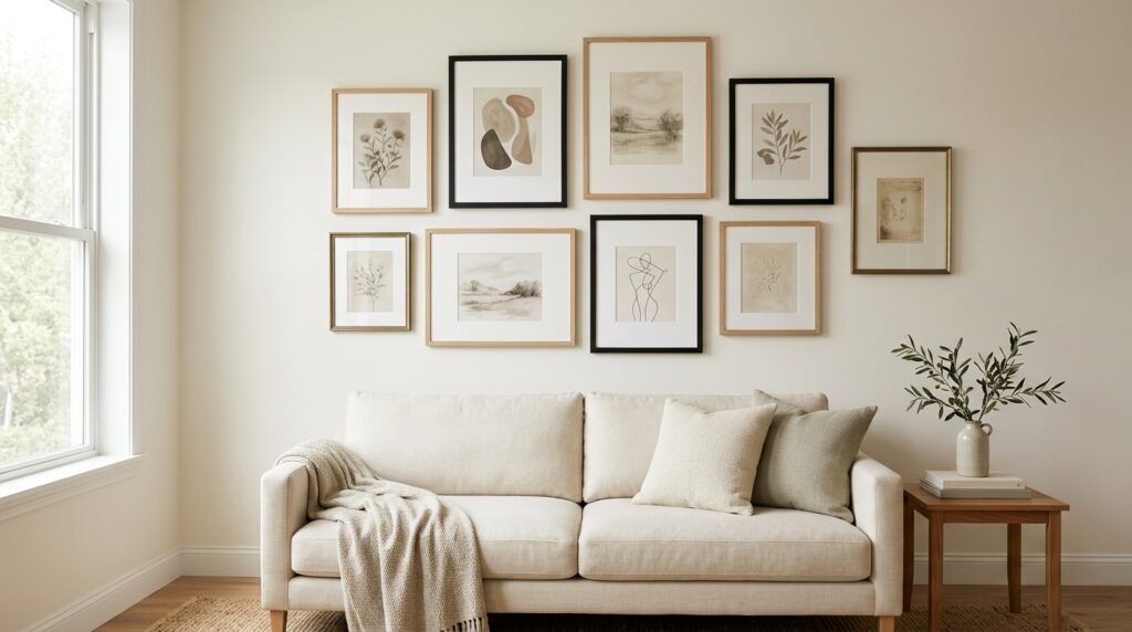 Affordable gallery wall frames in black and warm wood above a neutral living room sofa