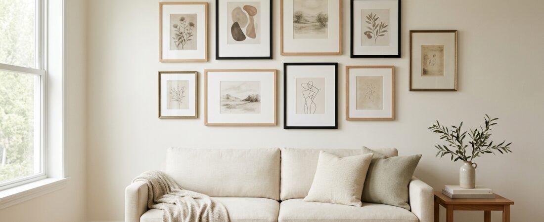 Affordable gallery wall frames in black and warm wood above a neutral living room sofa