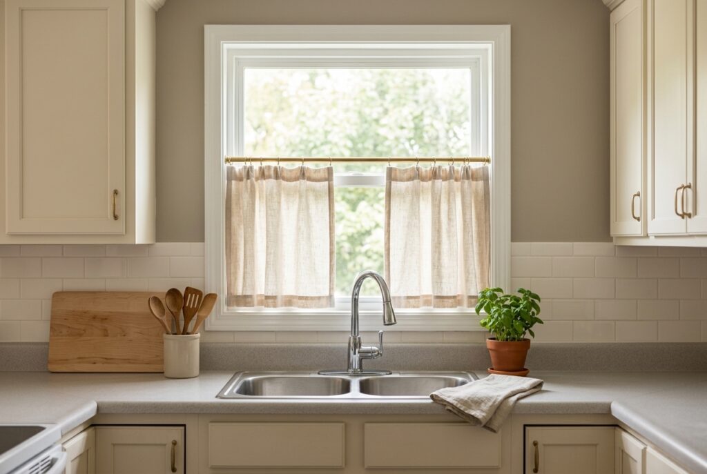 Linen café curtains above a sink with a calm uncluttered rental kitchen countertop