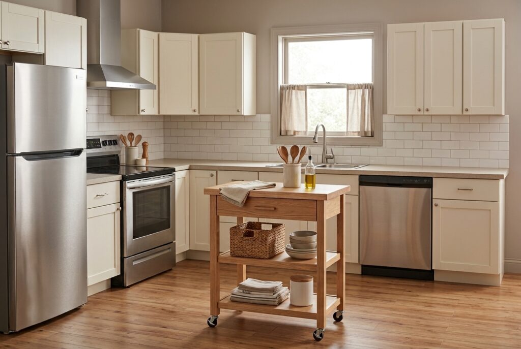 Freestanding wood kitchen cart with storage in a small rental kitchen