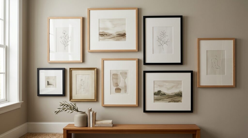Gallery wall with black, warm wood and gold frame finishes above a wood console