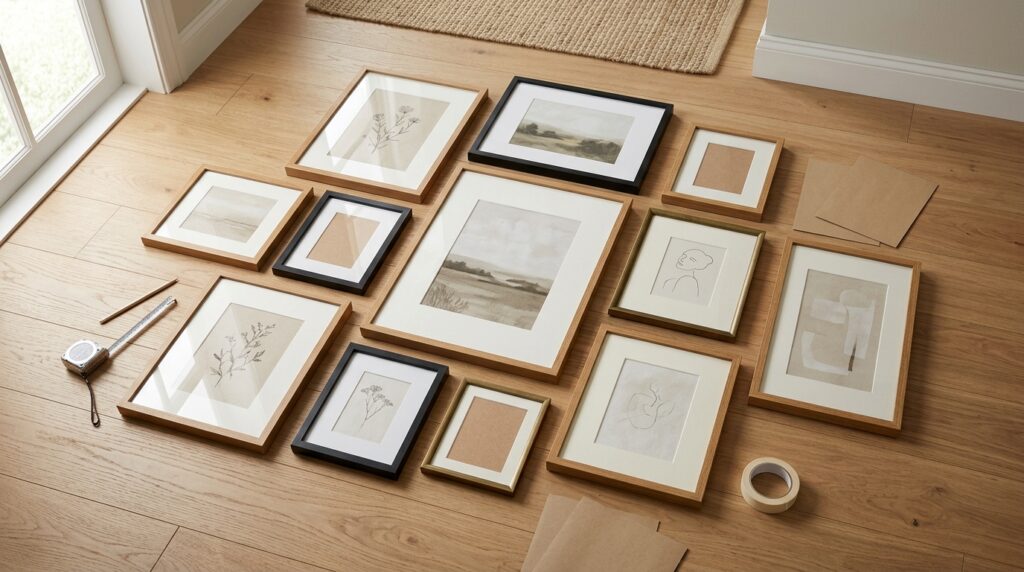 Gallery wall frames arranged on a wood floor to plan the layout before hanging