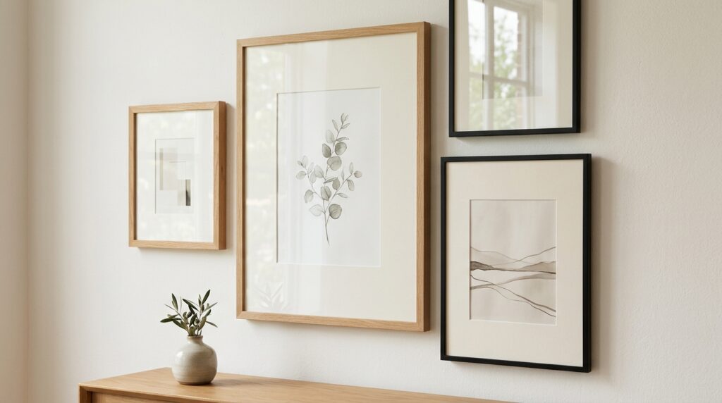 Matted gallery wall frames with wide ivory mats around botanical and landscape artwork