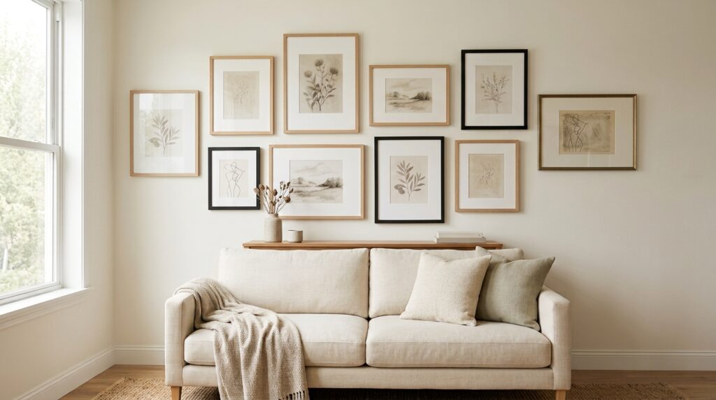 Mixed gallery wall frames in warm wood and black arranged above a neutral sofa