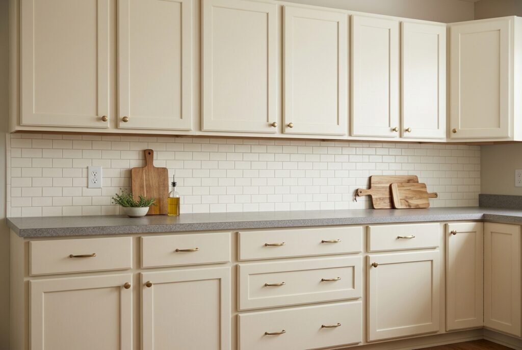 Warm white subway-style backsplash in a cream rental kitchen