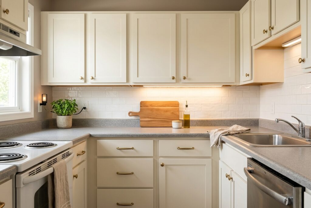 Rental kitchen with brass cabinet hardware and warm under-cabinet lighting
