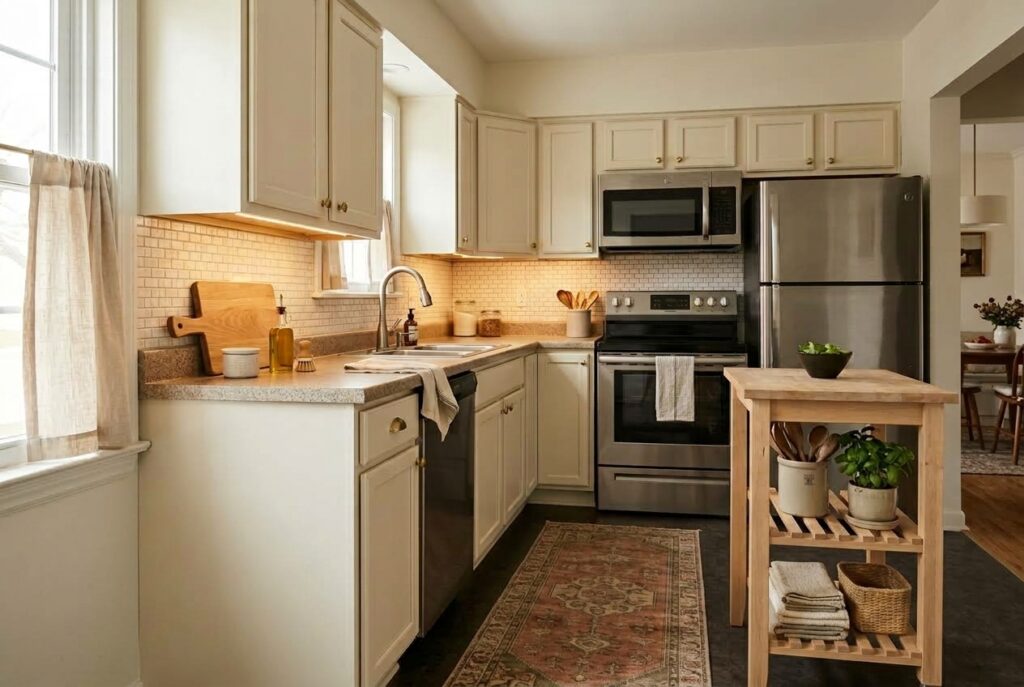 Renter-friendly kitchen upgrades with warm lighting, café curtains, a freestanding wood cart and patterned runner