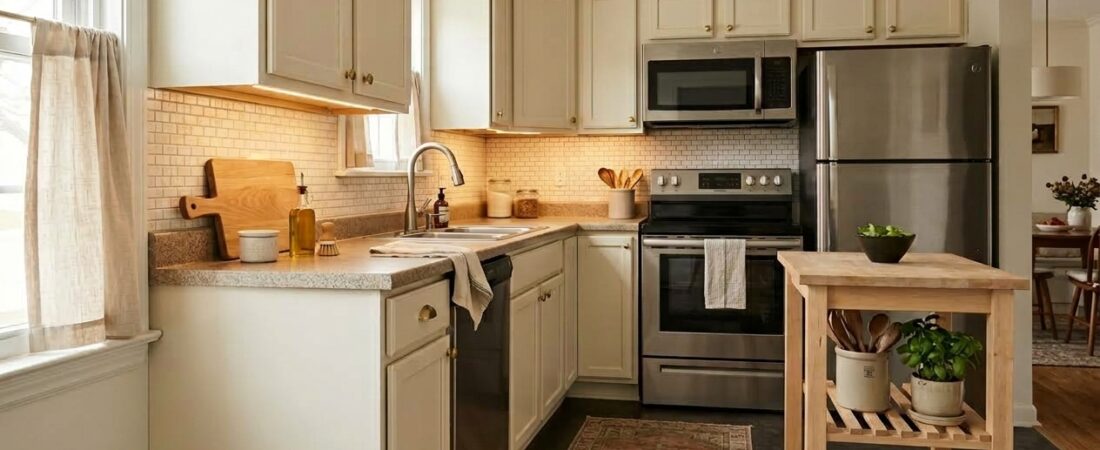 Renter-friendly kitchen upgrades with warm lighting, café curtains, a freestanding wood cart and patterned runner