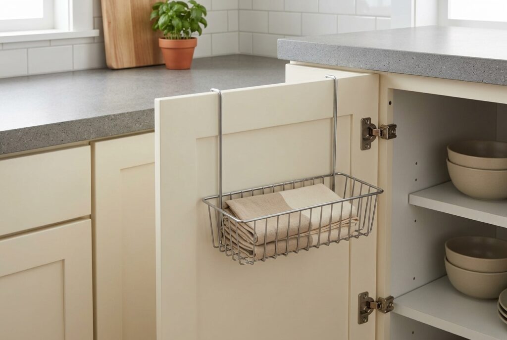 Removable over-cabinet-door basket with folded towels in a rental kitchen