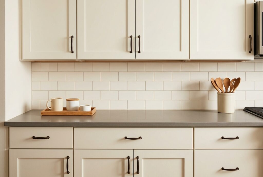Uncluttered rental kitchen countertop with a small tray and utensil crock