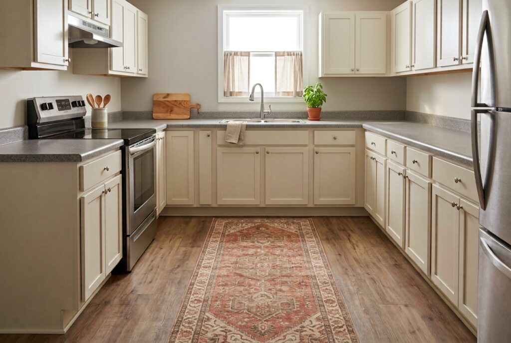 Patterned washable runner adding warmth to a cream rental kitchen